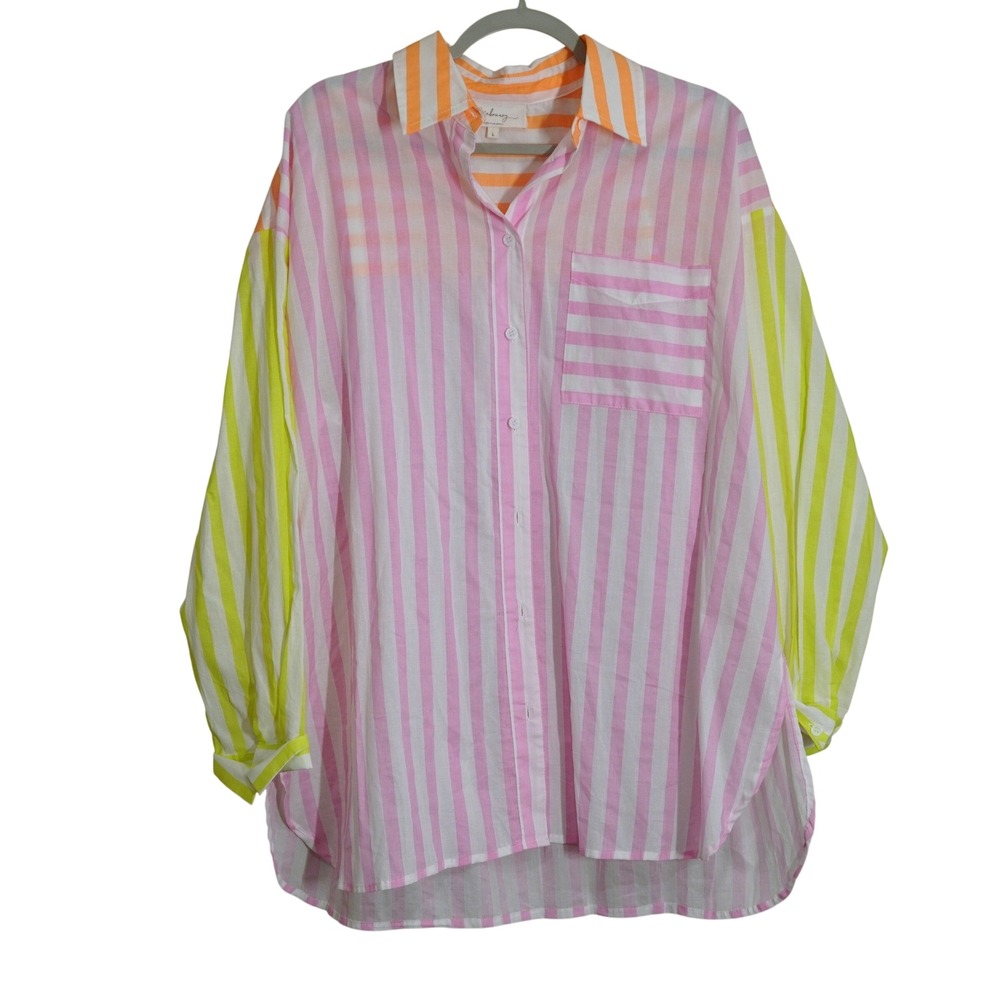 La February Womens Size Large Oversized Button Down Shirt Vibrant Striped Resort